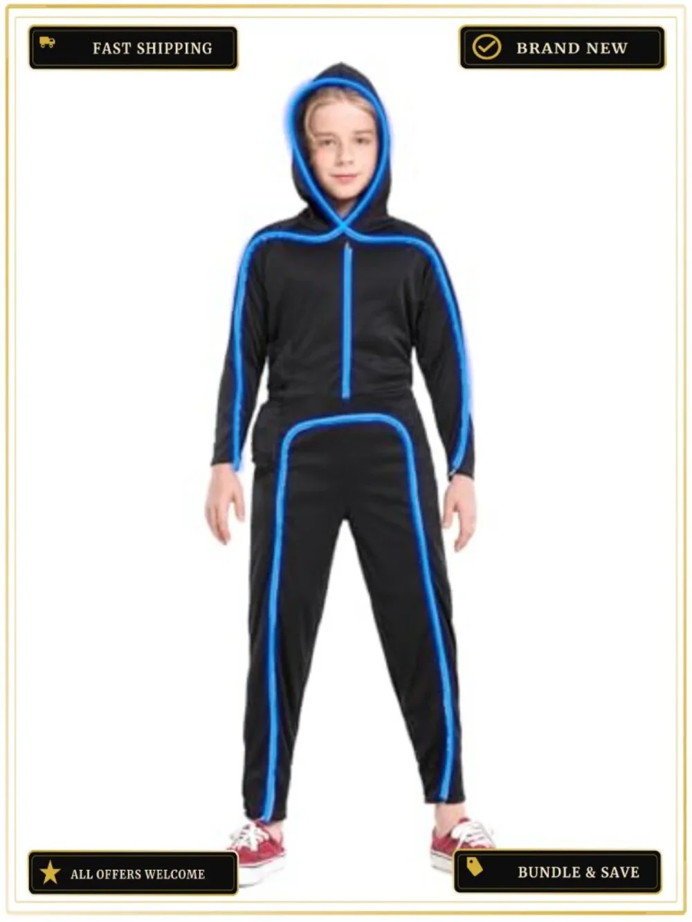 Light Up Stick Figure Costume EL Wire Neon LED Kids Halloween Cosplay
